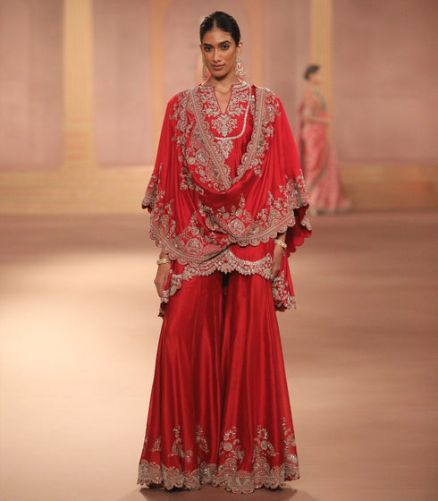 Red Embroidered Sharara And Cape Set